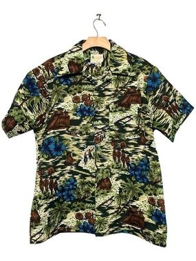 Waikiki 76 Vintage Men Size M Green Tropical Blue Hibiscus Floral Hawaiian Shirt